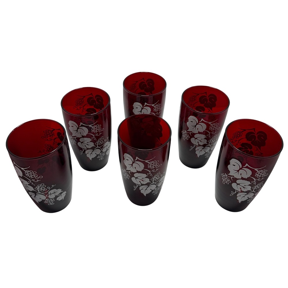 Anchor Hocking Tumblers Set of 6 Royal Ruby Red White Grape Vintage Glass